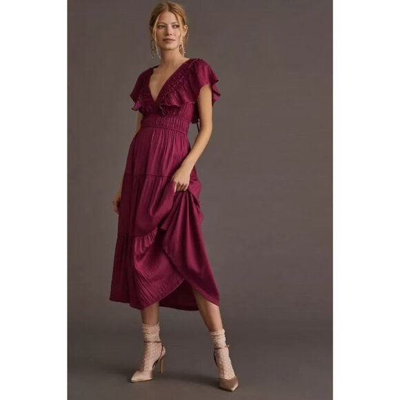 NWOT ANTHROPOLOGIE Ruffled Tiered Midi Dress In Berry Size XL - Picture 1 of 16